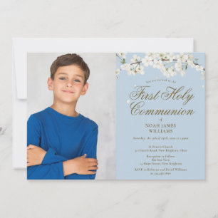 Invitation Première Sainte Communion Fleur Blanche Photo Bleu