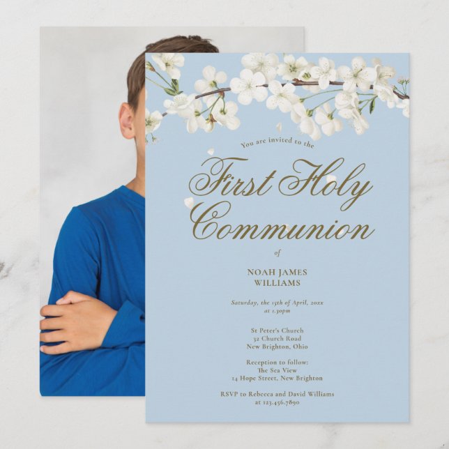 Invitation Première Sainte Communion Fleur Blanche Photo Bleu (Devant / Derrière)