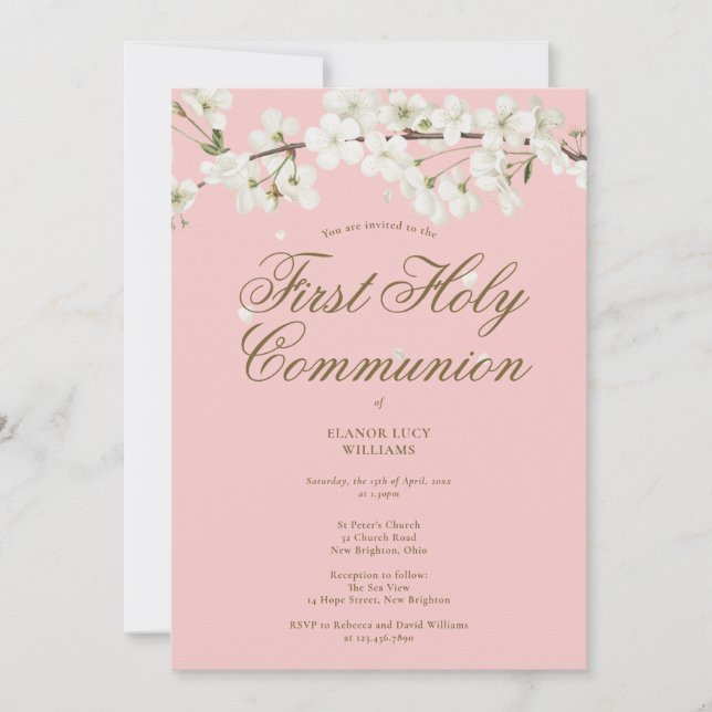 Invitation Première Sainte Communion Fleur Blush Rose (Devant)
