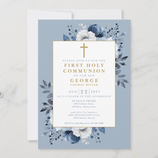 Invitation Première Sainte Communion Fleur Botanique Bleu Pou (Devant)
