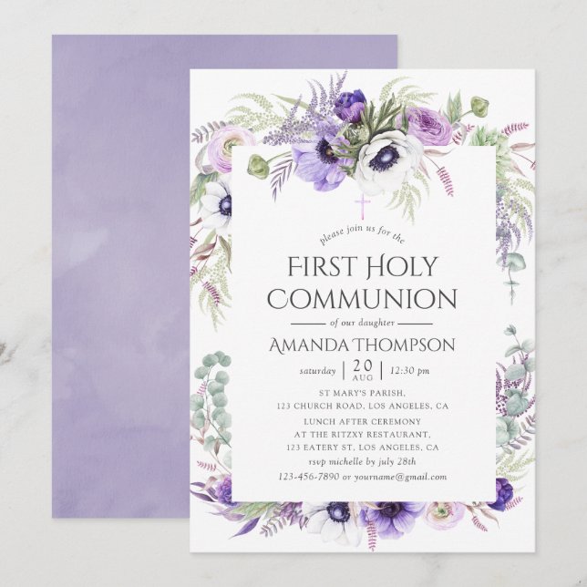 Invitation Première Sainte Communion Fleur de Pavot Violet Po (Devant / Derrière)