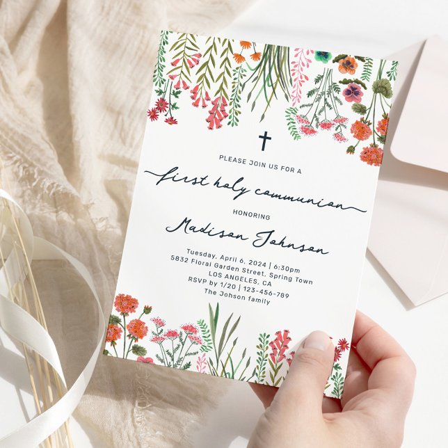 Invitation Première sainte communion fleur sauvage (Wildflower First Holy Communion Invitation)
