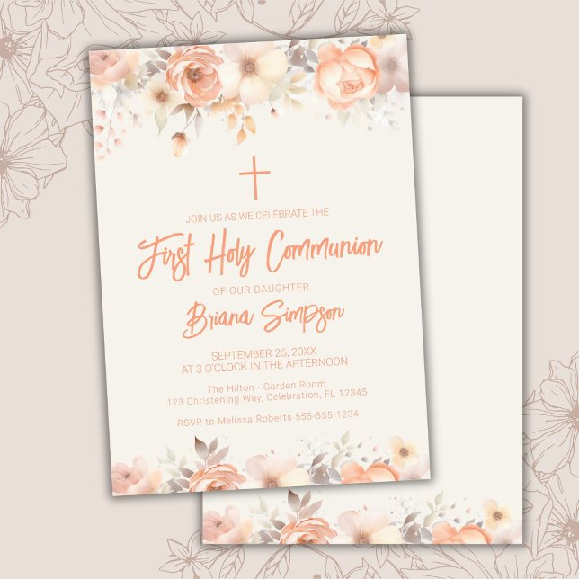 Invitation Première Sainte Communion Fleurie Beige Ivoire (Créateur téléchargé)
