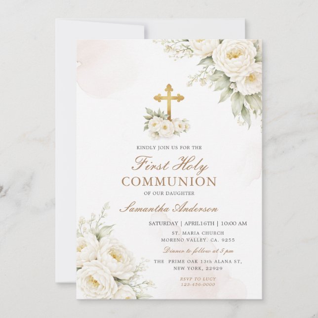 Invitation Première Sainte Communion Fleurie Blanche Ivoire (Devant)