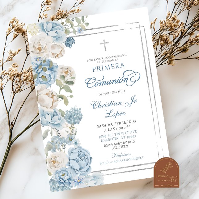 Invitation Première Sainte Communion Fleurie Bleu Poussiéreux (Créateur téléchargé)