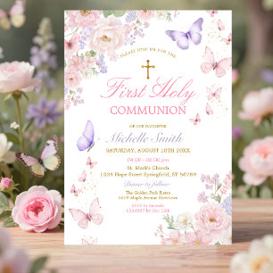 Invitation Première Sainte Communion Fleurie Papillon Douce