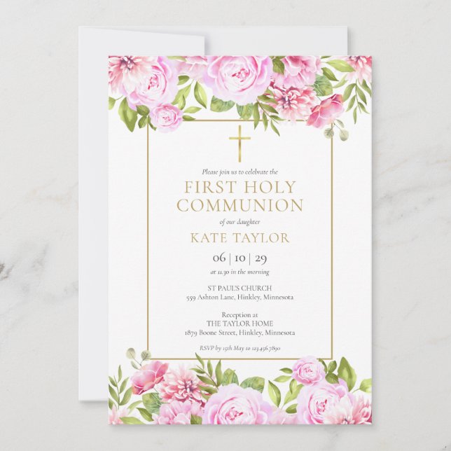 Invitation Première Sainte Communion Fleurs de Roses Roses (Devant)