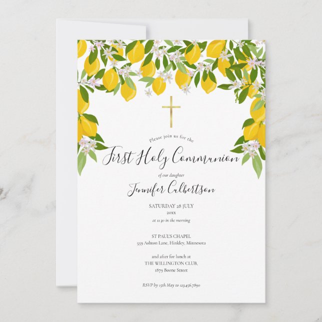Invitation Première Sainte Communion Floral Lémons Verdure  (Devant)