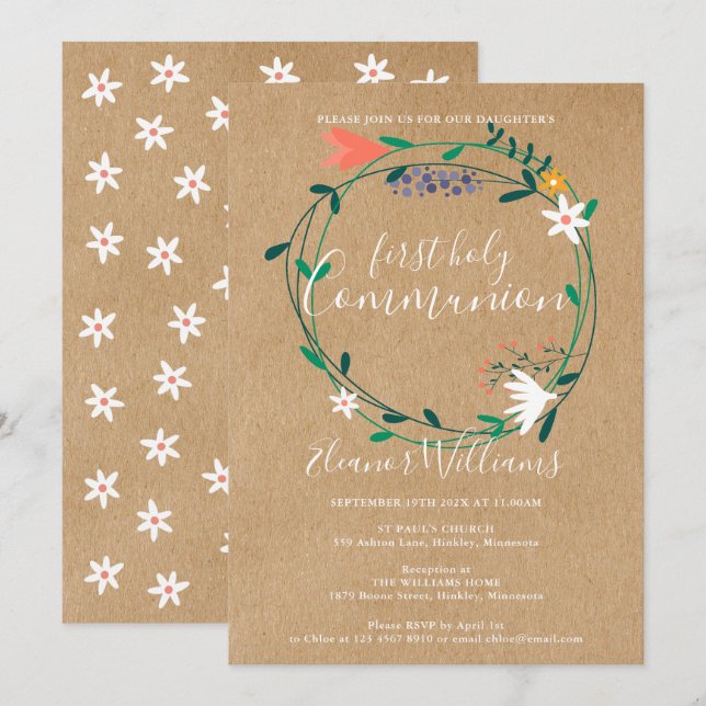 Invitation Première Sainte Communion Floral Rustique Moderne (Devant / Derrière)