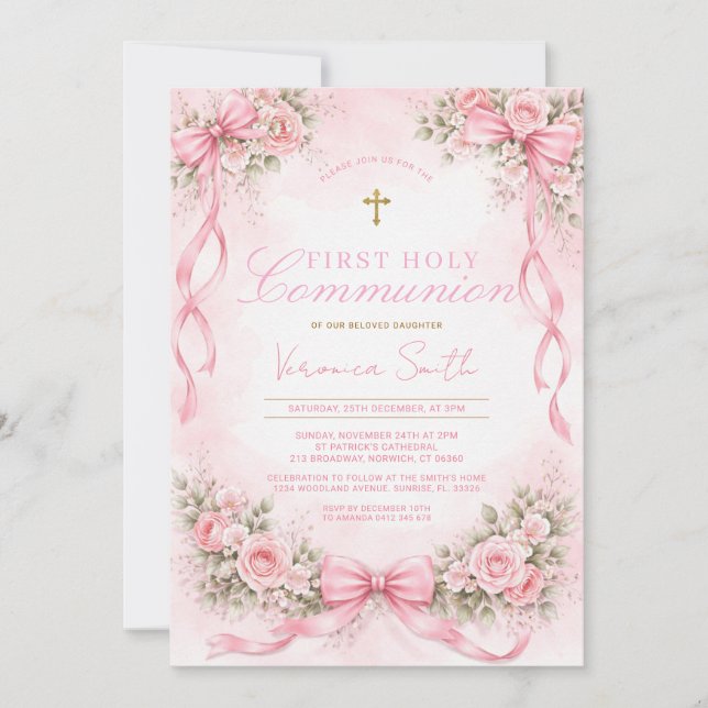 Invitation Première Sainte Communion Florale à Ruban Rose Élé (Devant)