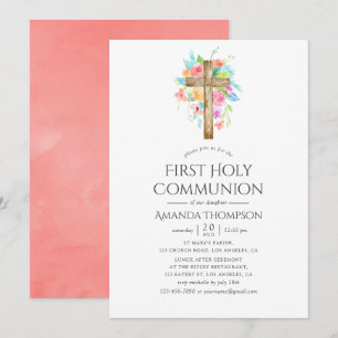 Invitation Première Sainte Communion florale aquarelle pastel