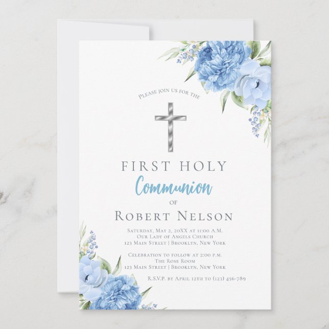 Invitation Première Sainte Communion Florale Bleue Élégante (Devant)