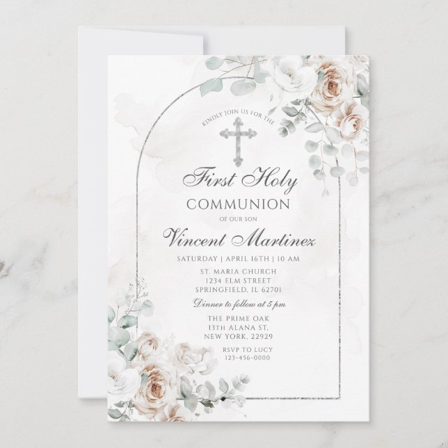 Invitation Première Sainte Communion Florale Bohème Blanche A (Devant)