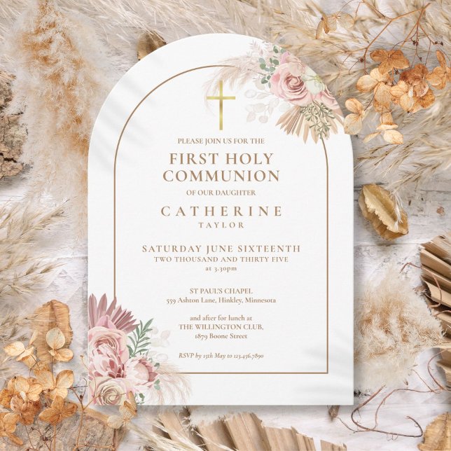 Invitation Première Sainte Communion florale d'herbe de Pampa (Gold Arch Pampas Grass Floral First Holy Communion Invitation)