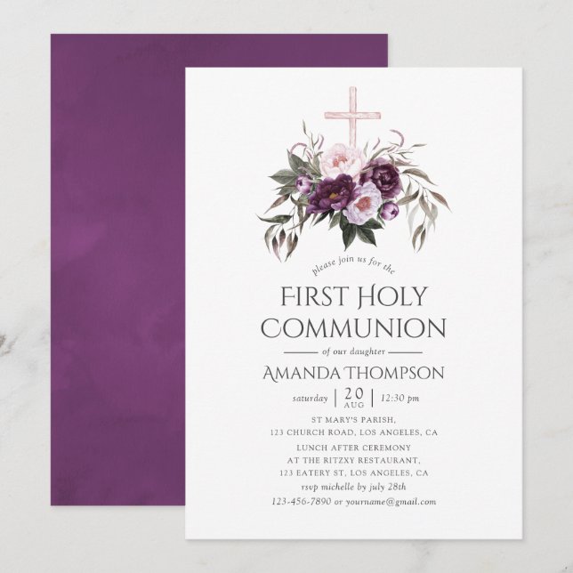 Invitation Première Sainte Communion florale en velours profo (Devant / Derrière)