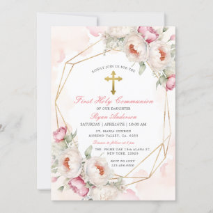 Invitation Première Sainte Communion Florale Rose Géométrique