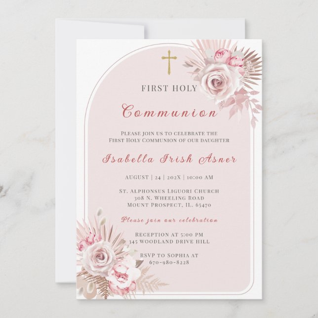 Invitation Première Sainte Communion Florale Rose Pâle Élégan (Devant)