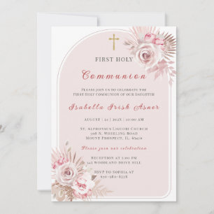 Invitation Première Sainte Communion Florale Rose Pâle Élégan