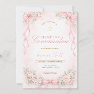 Invitation Première Sainte Communion Florale Ruban Rose Éléga
