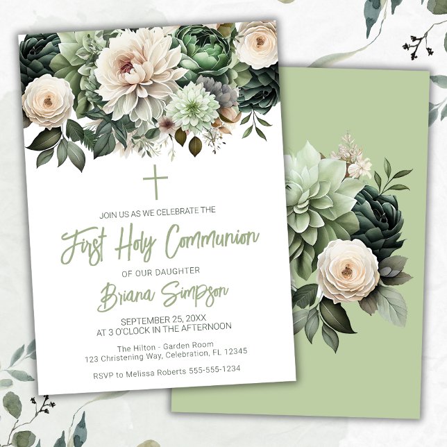 Invitation Première Sainte Communion Florale Vert Sauge (Créateur téléchargé)