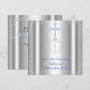 Invitation Première Sainte Communion garçon argent blanc bleu