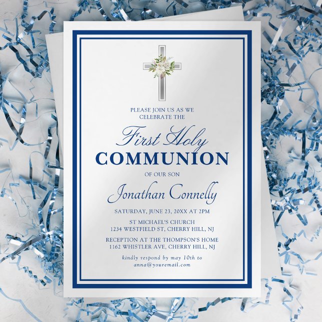 Invitation Première Sainte Communion Garçon Argent Bleu (Créateur téléchargé)
