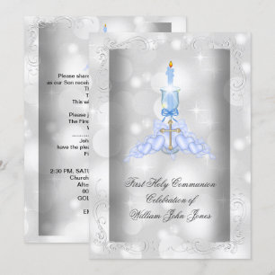 Invitation Première Sainte Communion Garçon Argent Bleu Garço