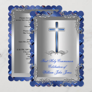 Invitation Première Sainte Communion Garçon Argent Bleu Royal