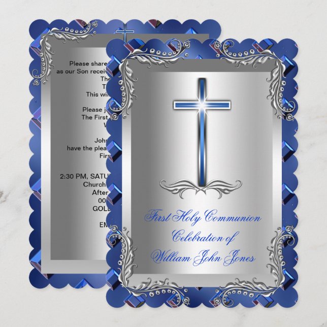Invitation Première Sainte Communion Garçon Argent Bleu Royal (Devant / Derrière)