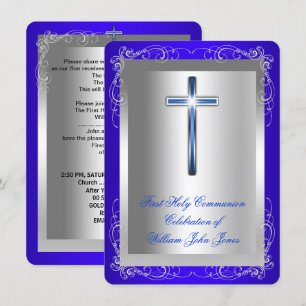 Invitation Première Sainte Communion Garçon Argent Bleu Royal