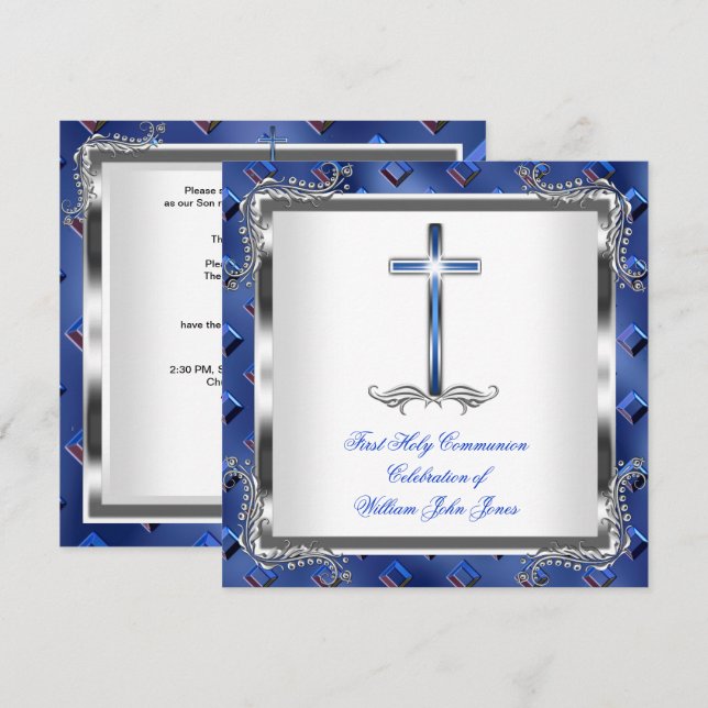 Invitation Première Sainte Communion Garçon Argent Royal Bleu (Devant / Derrière)