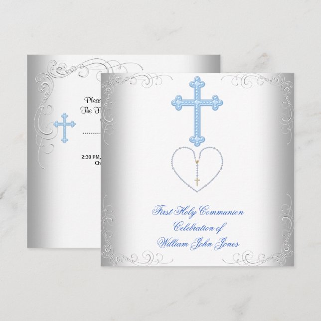 Invitation Première Sainte Communion Garçon Blanc Bleu (Devant / Derrière)