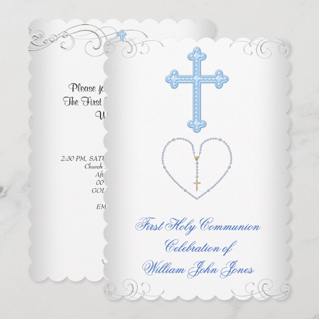 Invitation Première Sainte Communion Garçon Blanc Bleu Argent (Devant / Derrière)