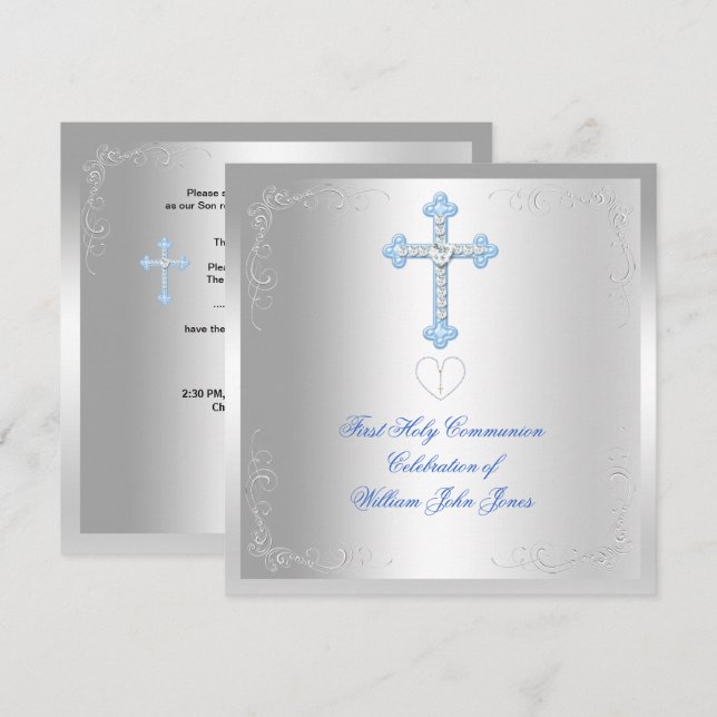 Invitation Première Sainte Communion Garçon Bleu Argent (Devant / Derrière)