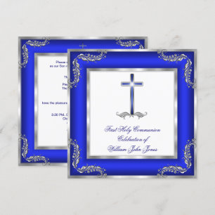 Invitation Première Sainte Communion Garçon Bleu Royal Argent