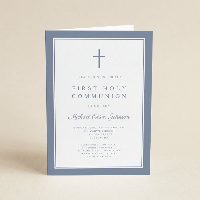 Invitation Première Sainte Communion Garçon Croix Bleu Poussi (Créateur téléchargé)
