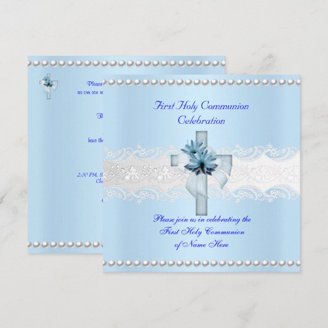 Invitation Première Sainte Communion Garçon Dentelle Blanche  (Devant / Derrière)