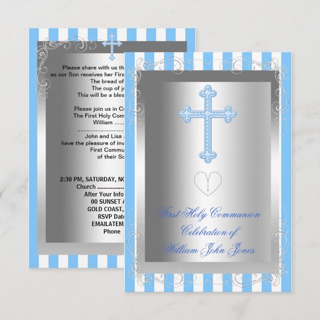 Invitation Première Sainte Communion Garçon Rayure Bleue Arge (Devant / Derrière)