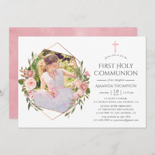 Invitation Première sainte communion géométrique en or rose e