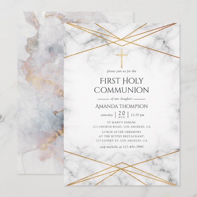 Invitation Première Sainte Communion Géométrique Marbre Doré (Devant / Derrière)