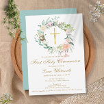 Invitation Première Sainte Communion Gold Cross Aquarelle Flo<br><div class="desc">Doté d'une délicate guirlande florale aquarelle,  cette première invitation chic à la communion sainte peut être personnalisée avec vos détails spéciaux de l'événement. Vous pouvez customiser l'inverse à votre couleur préférée ou ajouter des informations supplémentaires. Conçu par Thisisnotme©</div>