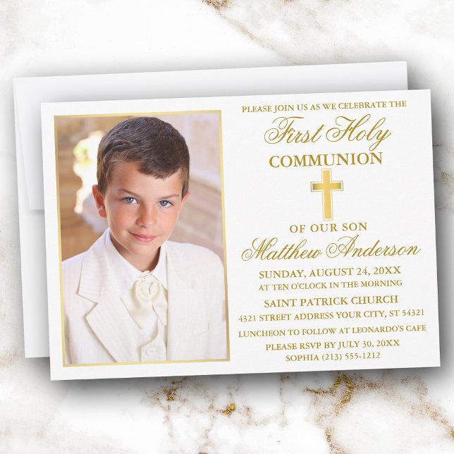 Invitation Première Sainte Communion Gold Frame Photo (Customize to change text size, color, style or to add more text to back of card.)
