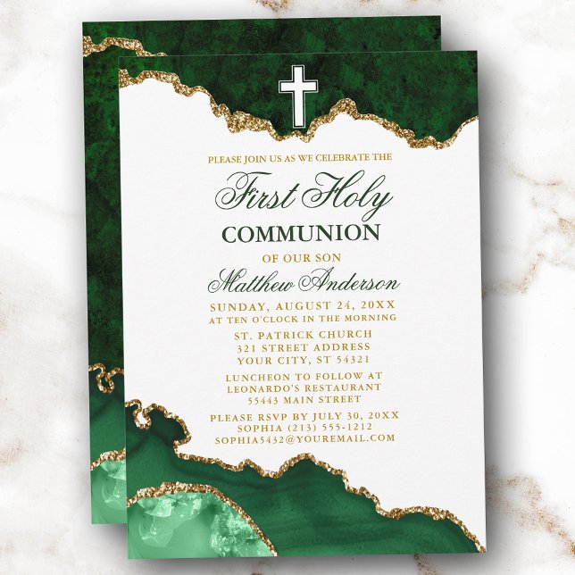 Invitation Première Sainte Communion Green Gold Marble Geode (Customize to change text color,  size or text style.)