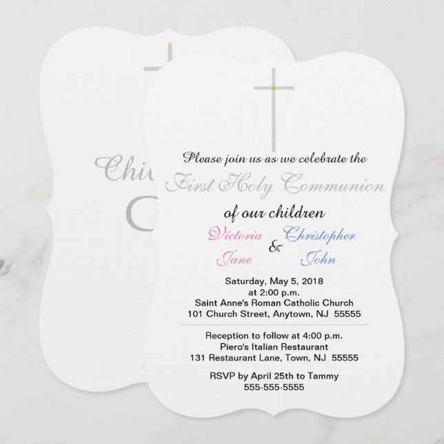 Invitation Première Sainte Communion Jumeaux Rose Bleu (Devant / Derrière)