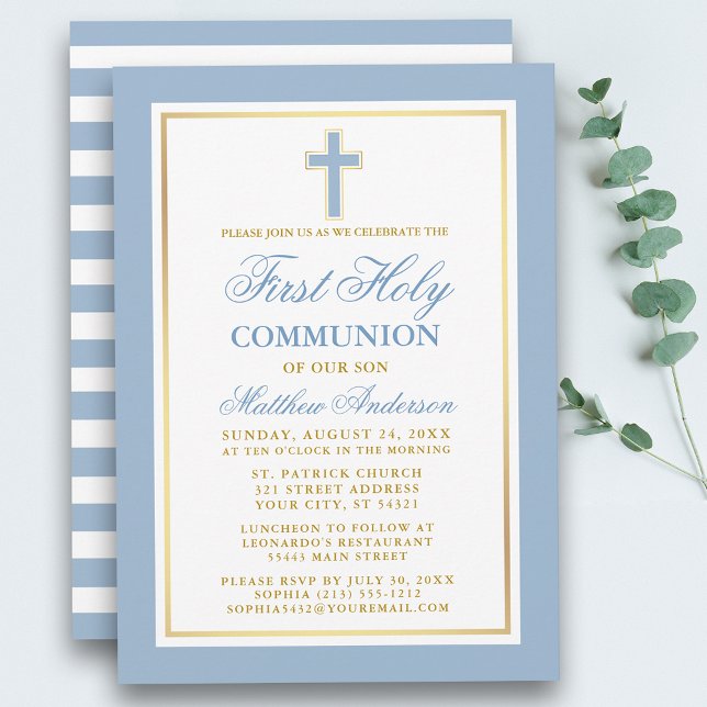 Invitation Première Sainte Communion Lumière Bleu Or rayé (Customize to change text color, size or text style.)