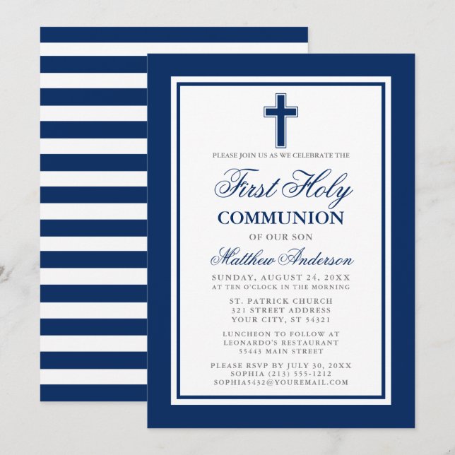 Invitation Première Sainte Communion Marine Bleu Argent rayé (Devant / Derrière)