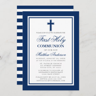 Invitation Première Sainte Communion Marine Bleu Argent rayé