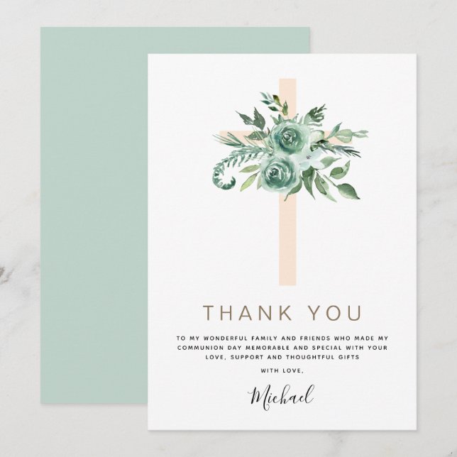 Invitation Première Sainte Communion Merci Sage Eucalyptus (Devant / Derrière)