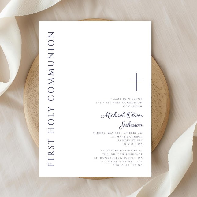 Invitation Première Sainte Communion Moderne Bleu Marine Scri (Modern Navy Blue Script First Holy Communion Invitation)