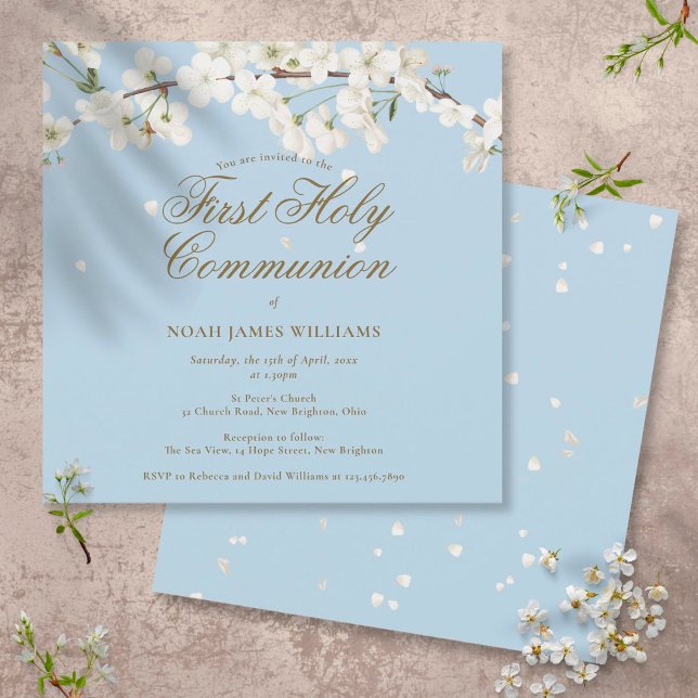 Invitation Première Sainte Communion Moderne Bleue Fleur Blan (Créateur téléchargé)